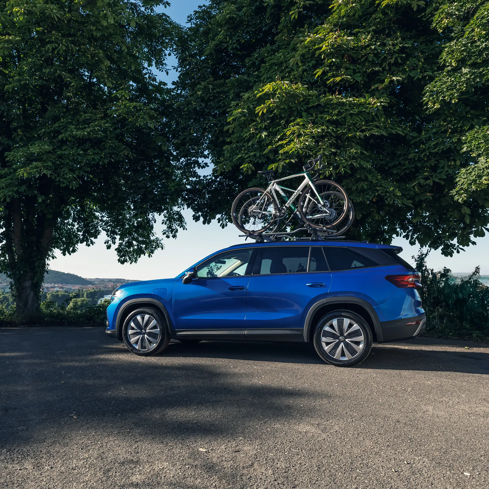 Škoda Kodiaq garé en bord de route avec vélos sur barres de toit